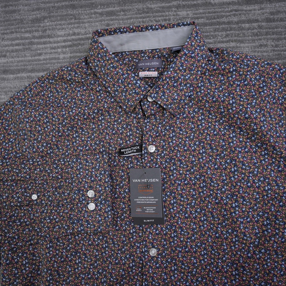 Van Heusen Shirt Men Slim Fit Stain Shield Floral Button Up Blue New Tag Large